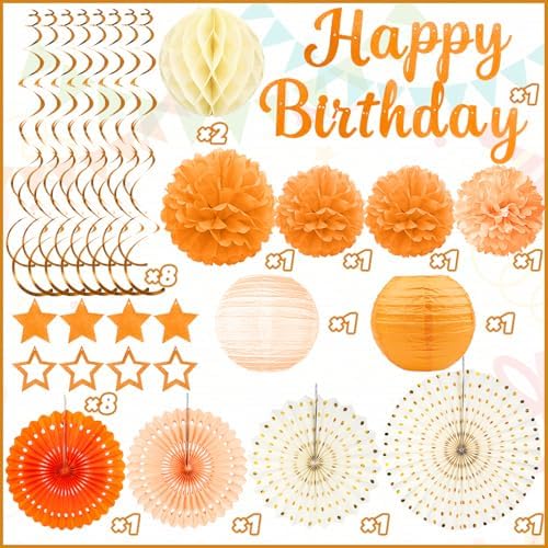 Orange Birthday Party-Decorations - 29pcs Orange Beige FAL Boho Party Decorations for Women Girls, Autumn Sweet Peach Thanksgiving Decorations Happy Birthday Banner Paper Tissue Pom Poms - ZERODECO - Image 2