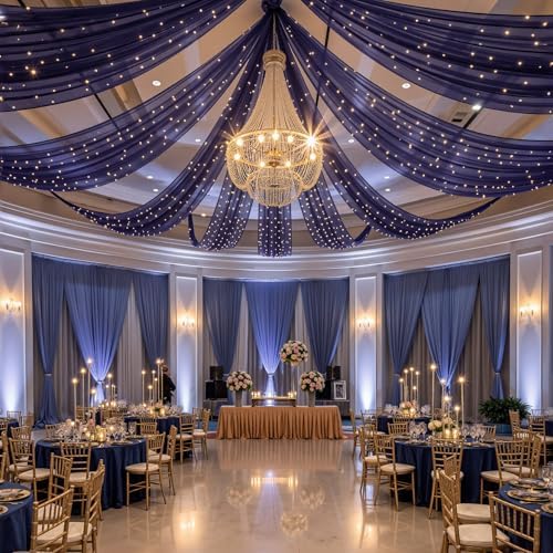 12 Panels Dark Blue Ceiling Curtains with Lights for Weddings - 5ftx20ft Wrinkle-Free Tulle Fabric Wedding Arch Draping Ceiling Drapes Decorations for Wedding Party Ceremony Stage Tent Event - Image 2