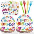 Multicolor Birthday Decorations Plates Set for 25 Guests, 100 Pieces Birthday Paper Plates Napkins Forks with Colorful Dots Design Tableware for Kids Boys Girls by Heboland