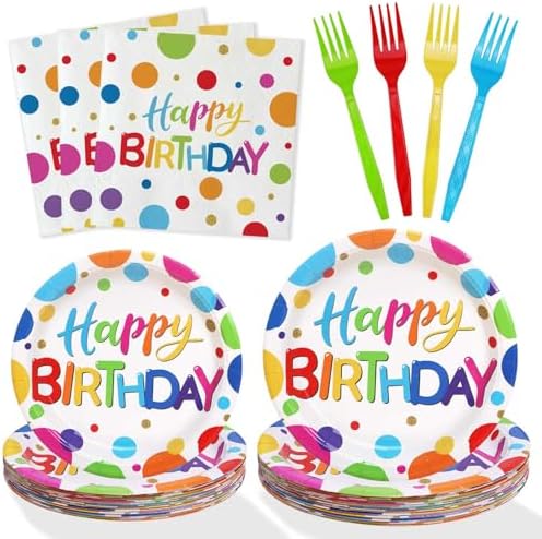 Multicolor Birthday Decorations Plates Set for 25 Guests, 100 Pieces Birthday Paper Plates Napkins Forks with Colorful Dots Design Tableware for Kids Boys Girls by Heboland
