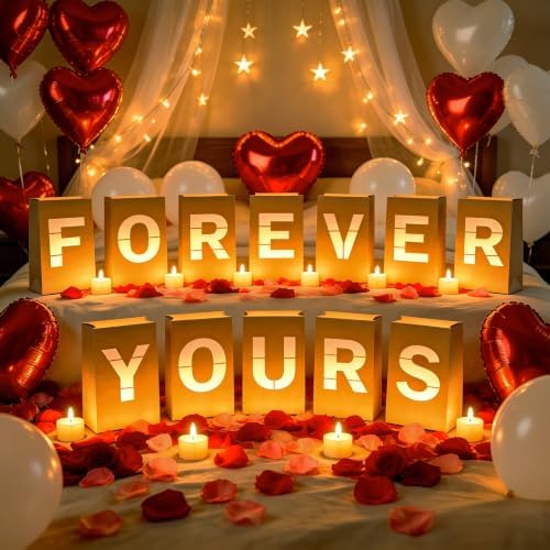 FOREVER YOURS Light Up Letters, with Tea Lights Candles, Rose Petals, Pearlescent Foil Balloons - Luminary Paper Bags, Anniversary Decorations and Valentines' Day Decorations for Your Loved One by Peledic
