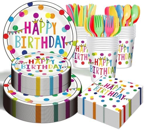 Birthday Plates & Napkins Party supplies - 350Pcs Happy Birthday Paper Plates and Napkins Sets, Disposable Happy Birthday Dots Tableware Set for Boys and Girls Party Decorations, Serves 50 by OUNIY