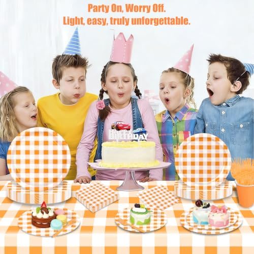 146PCS Orange Gingham Party Supplies Paper Plates and Napkins Serve 36 - Image 4