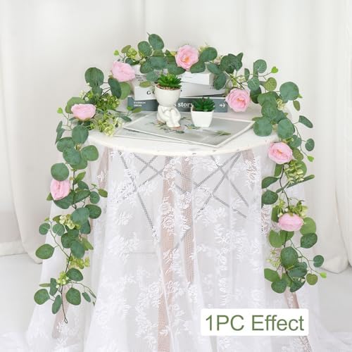 TOCHGREEN 2 Pack 13Ft Artificial Eucalyptus Flower Garland with Pink Roses - Image 3