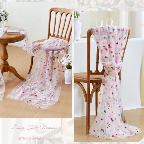 JIALE Pink Floral Table Runner, Embroidery Daisy Seasonal Table Decorations, 120Inch 10FT Tulle Fabric for Home Decor, Bridal Shower Wedding, Baby Shower Parties, DIY Craft - Image 6