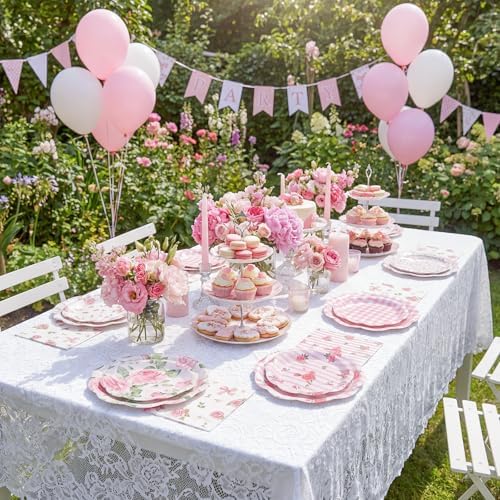 NatNarr 50 Set Pink Floral Plates and Napkins Fancy Tea Party Decor - Image 6