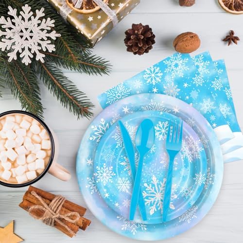 175 Pcs Snowflake Winter Wonderland Tableware Set - Serves 25, Snowflake-Themed Disposable Plates, Cups, Napkins, Forks, Spoons, Knives for Christmas, Winter Party Supplies, Holiday Gatherings - Image 4