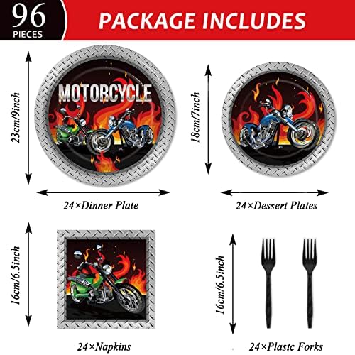 Wiooffen 96pcs Motorcycle Party Decorations Motorcycle Paper Plates Napkins Birthday Disposable Cake Dessert Tableware Set Motocross Biker Theme Party Supplies Baby Shower Decorations Favors Serve 24 - Image 2