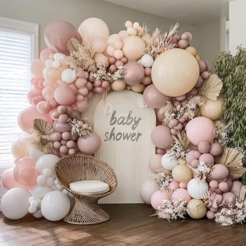 Dusty Pink White Balloon Garland Double Stuffed Baby Pink Nude Beige Balloons Cream Balloon Arch Kit for Boho Baby Shower Birthday Christening Bridal Wedding Fall Party Decorations by Aurovia