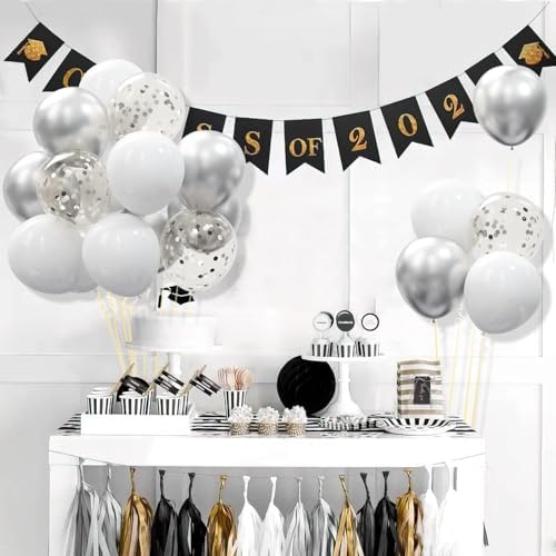62pcs Party Decorations Balloons Kit - 12 Inches Silver White Confetti Party Balloons for Graduation Birthday Wedding Party Baby Shower Decoration Supplies - Image 6