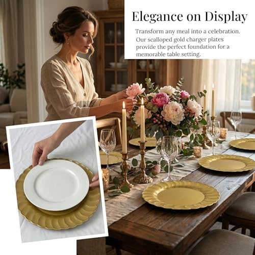 13 Inch Gold Scalloped Charger Plates with Gold Rim (Set of 6), Round Wave Plastic Serving Plates for Weddings, Bridal Showers, Birthday Parties, Catering & Table Decorations - Image 3
