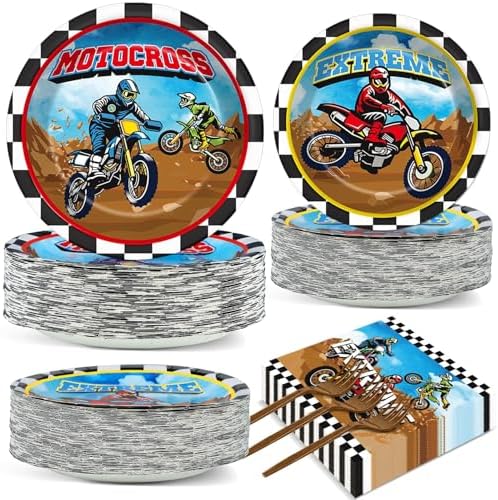 Qyeahkj 200 Pcs Dirt Bike Party Decorations Motorcycle Birthday Party Supplies Dirt Bike Theme Party Paper Plates Set Motocross Party Plates and Napkins Motor Theme Party Tableware for Boys Serves 50 by Qyeahkj