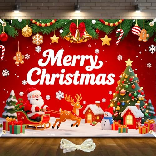 8x6ft Merry Christmas Backdrop Large Christmas Party Decoration Banner Xmas Backdrops for Wall Photography Background Photo Props with 19.68ft Ribbon by DuoduoBuy
