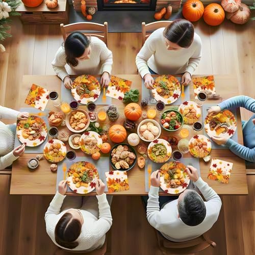 100 Pcs Thanksgiving Plates and Napkins Sets - Fall Pumpkin Maple Leaf Round Tableware, Disposable Thanksgiving Paper Plates and Napkins Forks for Thanks giving Party Supplies Table Decor, Serves 25 - Image 5