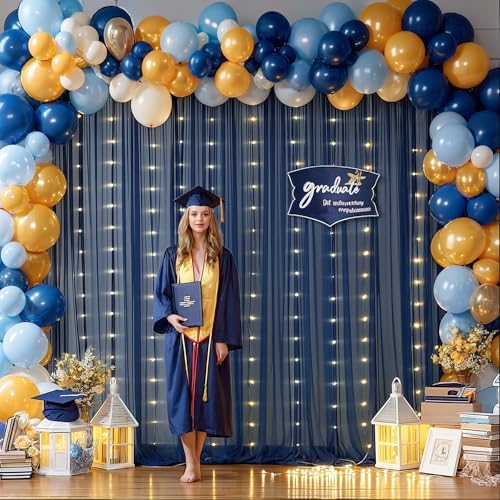 10x10ft Navy Blue Tulle Backdrop Curtain with Lights String for Parites, Sheer Photo Backdrop Curtains with Lights for Wedding Backdrop Ceremony Reception Bridal Shower Baby Shower Birthday Party - Image 5