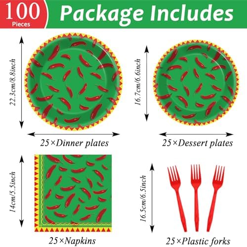 100 Pcs Chili Cook Off Party Plates and Napkins Set Pepper Birthday Decorations Mexican Party Supplies Mayo Tableware Fiesta Themed Party Favors for Red Chili Party Decorations Serves 25 - Image 2