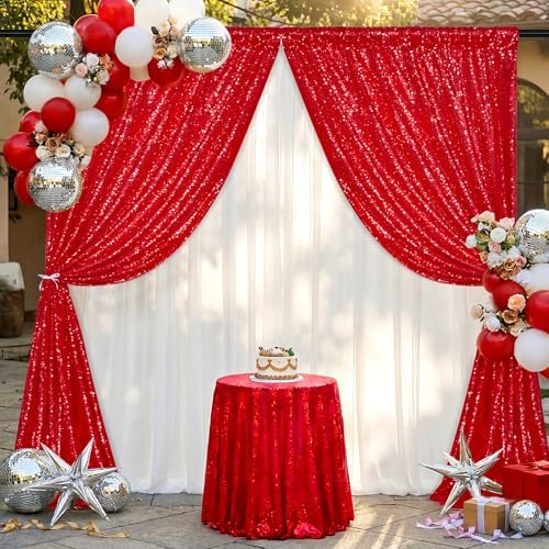Red Sequin Backdrop Curtains-1 Panel 3FTx8FT Red Backdrop for Wedding, Glitter Party Decorations Background Drapes for Birthday Party Anniversary Graduation Photo Booth Decor - Image 4