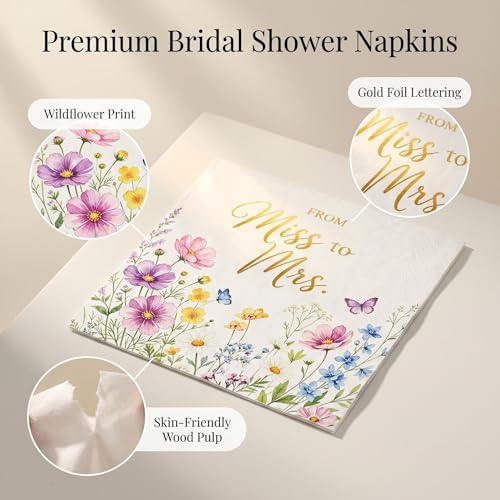 50PCS Floral Miss to Mrs Napkins 13 x 13 Inches, Wildflower Bridal Shower Paper Napkins Luncheon Dessert Cocktail Napkins Disposable for Love in Bloom Wedding Bachelorette Party Decorations - Image 3