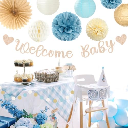Light-Dusty Blue Boho Baby Shower Party-Decorations - 21pcs Beige Champagne Boy Neutral Welcome Baby Banner Decor,Paper Lanterns Pom Poms Fan Supplies,Streamers Garland Wall Backdrop Favors Huglony - Image 5