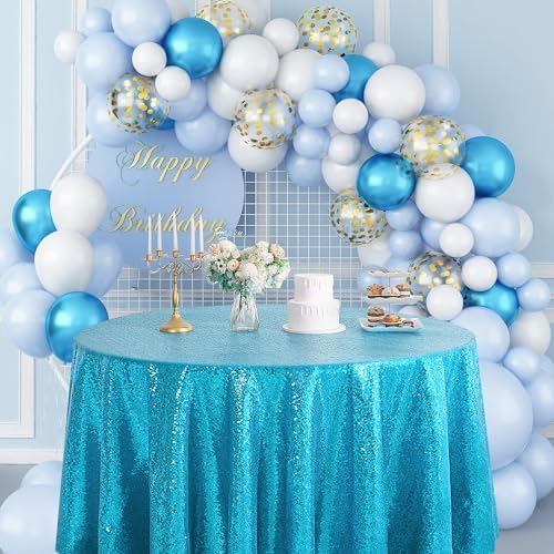 Pufogu 50" Round Turquoise Sequin Tablecloth Glitter Turquoise Blue Table Cloths for Birthday Wedding Bridal Baby Shower Party Decorations - Image 2