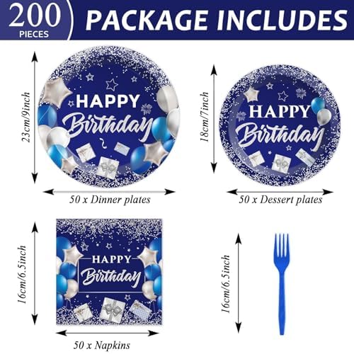 gisgfim 50 Guests Blue Birthday Party Supplies Navy Blue and Silver Plates and Napkins Plastic Forks Happy Birthday Tableware Paper Disposable Plates for Men Women Party 200PCS - Image 2