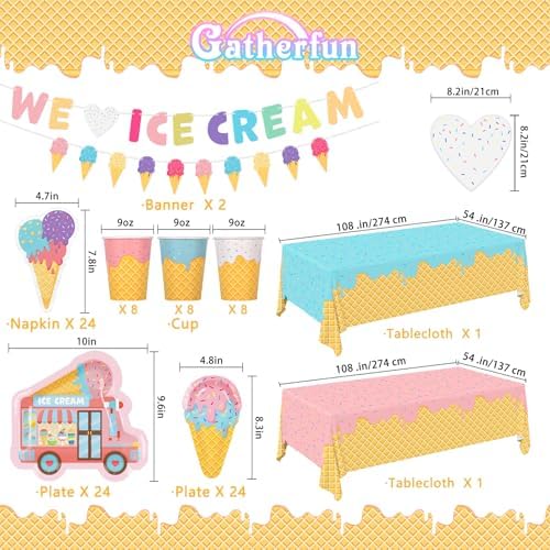 Ice Cream Party Supplies Kit for 24: Ultimate Bundle with Vibrant Paper Plates, Napkins, Cups, Tablecloth & Banner - Ice Cream Birthday Party Decorations - Image 2