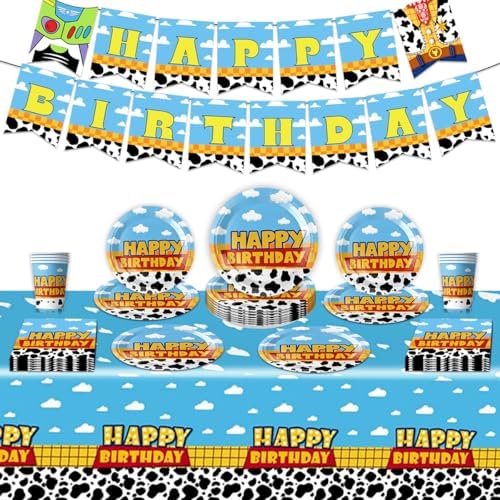 Cartoon Cowboy Birthday Supplies, Cute Funny Happy Birthday Tableware for Kid, Party Decoration Supplies with Banner, Tablecloth, Plate, Paper Cup, Napkin by Unknown