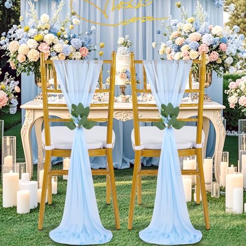 QueenDream Light Blue Chair Sashes Wedding Aisle Decorations: 16 Packs 8ft Long Draping Fabric Sheer Church Chair Cover Bulk for Baby Shower Party Banquet - Image 6