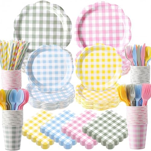 450 Pcs Gingham Tableware Set, Serve 50, Pastel by Unknown