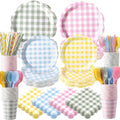 450 Pcs Gingham Tableware Set, Serve 50, Pastel by Unknown