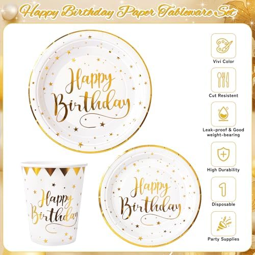 White and Gold Happy Birthday Party Plates, 168PCS Birthday Party Supplies - Image 3