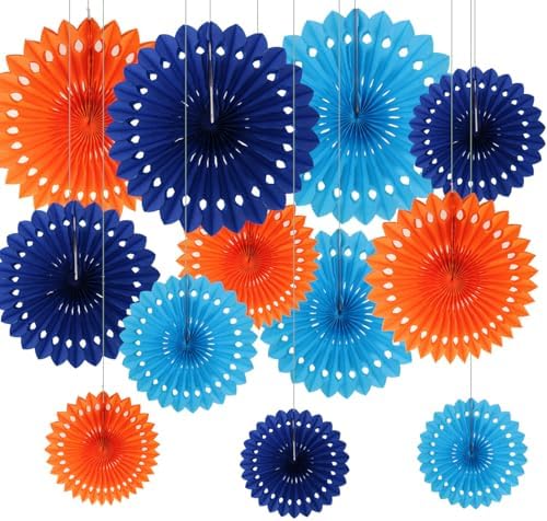 CC wonderland zone 12PCS Blue and Orange Paper Fans Party Decorations,Hanging Ceiling Honeycomb Round Tissue Paper Fans for Birthday Wedding Party Decorations by CC+wonderland+zone