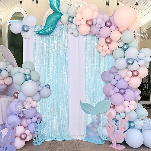 Sequin Backdrop Curtains 4 Pieces 2ftx8ft Mermaid Blue Sparkly Background Fabric for Under The Sea Little Mermaid Birthday Party - Image 6
