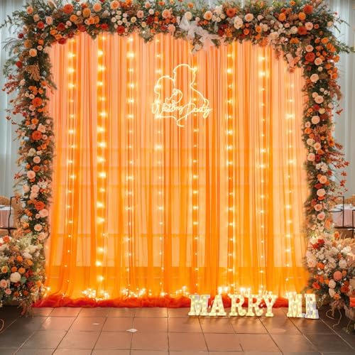 Orange Tulle Backdrop Curtain with Lights String for Parites 10x8ft Sheer Backdrop Curtains Drapes for Birthday Party Baby Shower Wedding Ceremony Prom Halloween Photo Booth Background Decorations - Image 5