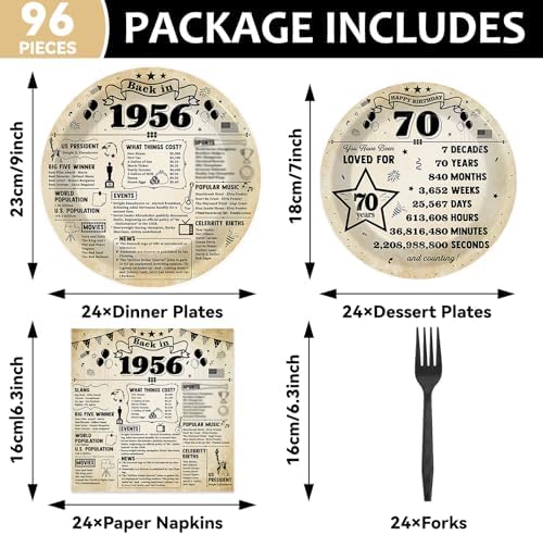 CHUNNIN 96Pcs 70th Birthday Plates and Napkins Back in 1956 Party Decorations Vintage 70 Year Old Party Dessert Plates 1956 Birthday Tableware for 24 Guests 70th Theme Men Woman Bday Parties Supplies - Image 2