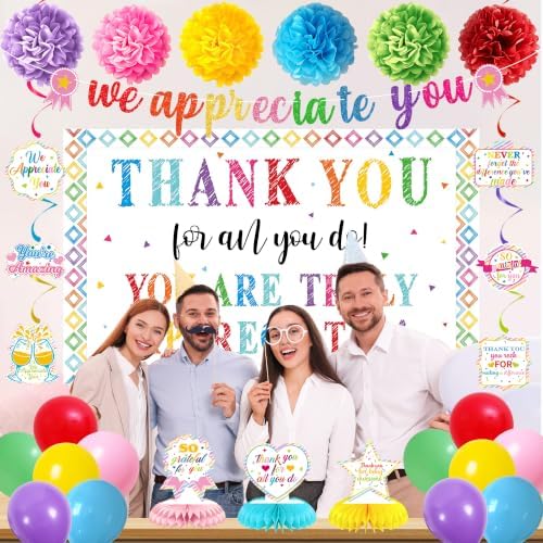 Vlipoeasn We Appreciate You Banner Decorations, Colorful Thank You for All You Do Honeycomb Centerpieces Hanging Swirls, Office Decor Staff Teachers Professors Doctor Nurses Appreciation - Image 4