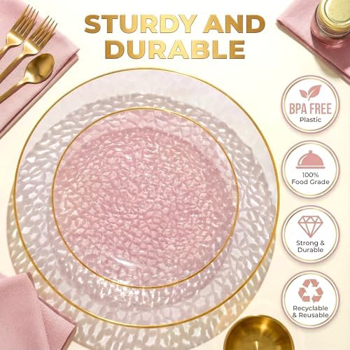 I00000 150 Pcs Clear Pink Plastic Plates, Disposable Hammered Party Plates - Image 4