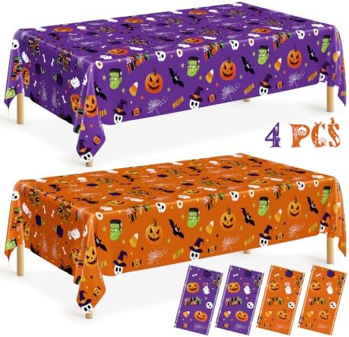 4 Pack Halloween Table Cloths 54" x 108" Plastic Purple Orange Tablecovers by QZYL