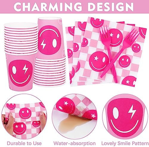 durony 144 Pieces Preppy Birthday Decorations Pink Smile Face Tableware Set Preppy Smile Plates Cups Napkin and Forks for Bachelorette Smiley Face Birthday Party Supplies - Image 4