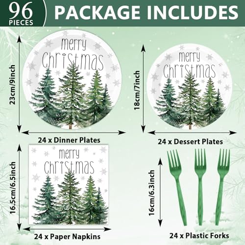 96Pcs Christmas Paper Plates and Napkins for Merry Christmas Watercolor Cedar Snowflake Party Supplies Xmas Pine Trees Party Tableware Set for 24 Guests Holiday Winter Xmas Party Decorations - Image 2
