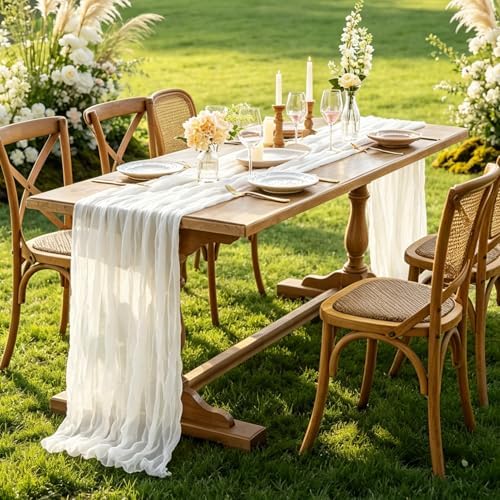 3Pcs Ivory White Table Runner, 10FT Rustic White Table Runner 35*120inch Boho Table Runners for Wedding Bridal Shower Baby Shower Table Centerpiece Decorations - Image 6