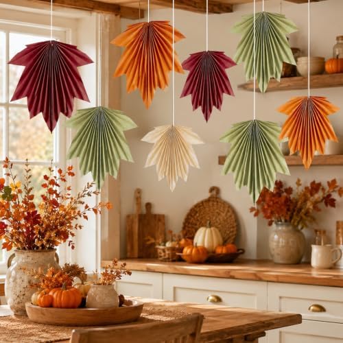 Whaline 12 Pcs Fall Party Fan Decorations Maple Leaves Hanging Paper Fans Autumn Color Hanging Ornament for Thanksgiving Birthday Baby Shower Holiday Party Supplies - Image 3