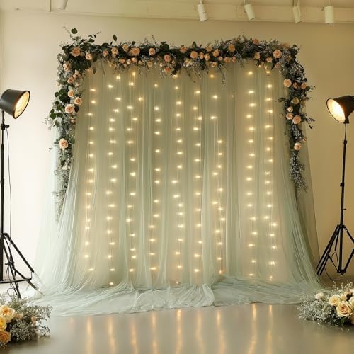 10x10FT Green Wrinkle Free Backdrop Curtains with Lights String for Parties - Photo Curtain Backdrop with Lights for Wedding Decorations, Bridal Baby Shower Birthday Party Photography Background - Image 2