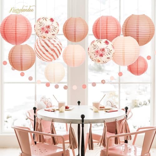 NICROLANDEE Wedding Party Decorations - 12PCS Rose Gold Vintage Floral Paper Lantern Hanging Decorations for Bridal Shower Anniversary Baby Shower Bachelorette Birthday, Valentines Day Party Decor - Image 4