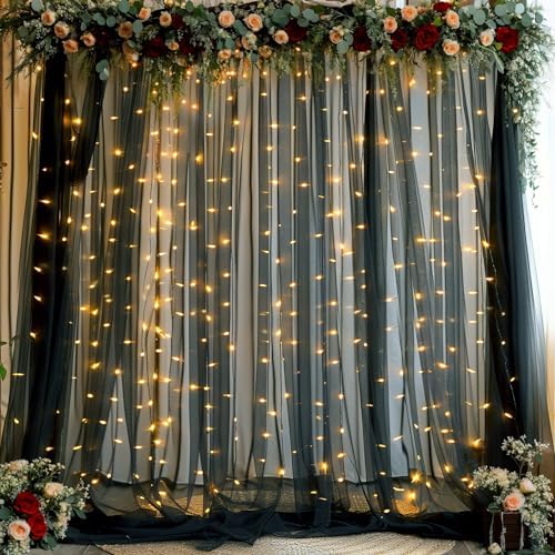 Black Sheer Backdrop Curtains with Lights String for Parties Birthday 10ft × 8ft Black Tulle Backdrop Curtain for Baby Shower Wedding Graduation Halloween Party Photo Shoot Decorations - Image 5