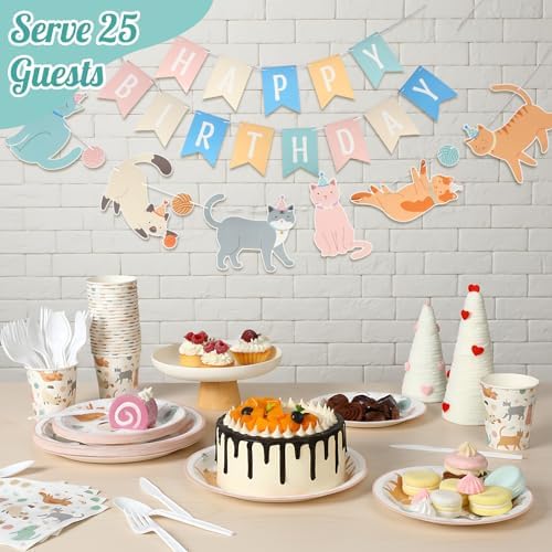 Qinyoung 176 Pcs Cat Birthday Party Supplies Disposable Tableware Set Serves 25 Cute Kitten Themed Paper Plates Napkins Cups Cutlery with Banner for Birthday Decorations - Image 4
