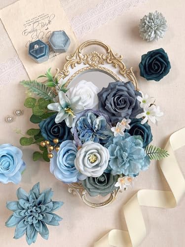 FACINOC Roses Artificial Flowers Blue Bouquet Fake Flower Bulk with Stems - Image 3