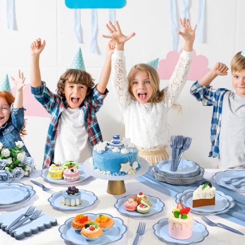 96 Pcs Blue Scalloped Paper Plates and Napkins Set Serve for 24 Guests - Image 6