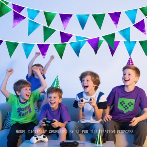 Blue Green Purple Party Decorations Metallic Fabric Triangle Pennant Banner Flag Bunting for Men Boys Video Game Theme Birthday Graduations Retirement Wedding Bachelor Baby Shower Party Supplies - Image 5