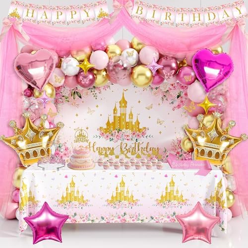 THAWAY Princess Birthday Decorations Pink Gold Balloon Arch Backdrop Set by THAWAY